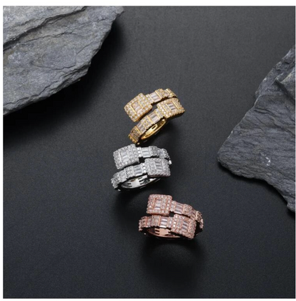 New Delicate Rose Gold Silver Color Baguette Square Open Rings Iced Out Micro Paved Cubi Zircon Ring Hip Hop Wedding Jewelry