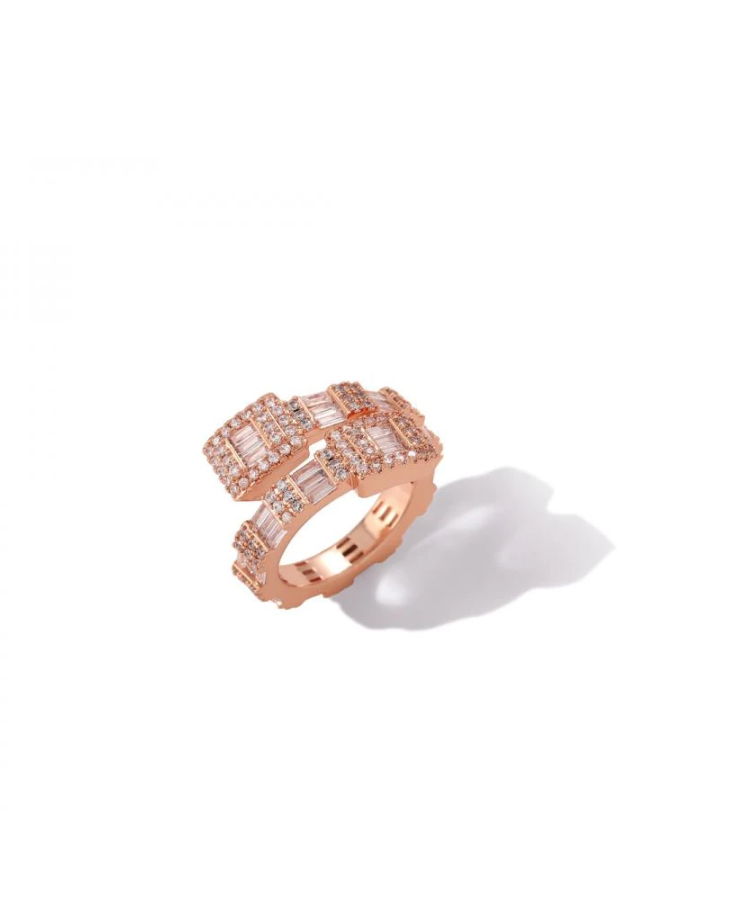 New Delicate Rose Gold Silver Color Baguette Square Open Rings Iced Out Micro Paved Cubi Zircon Ring Hip Hop Wedding Jewelry